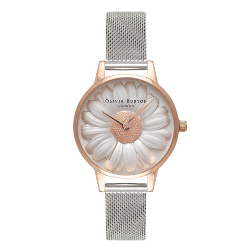 Uhr 3D Daisy Roségold Silber Mesh von Olivia Burton