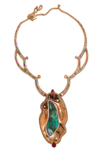 Collier von Jaime Moreno, Rosé- und Weissgold 750, Brillanten, Saphire, Turmaline, Tsavorite.