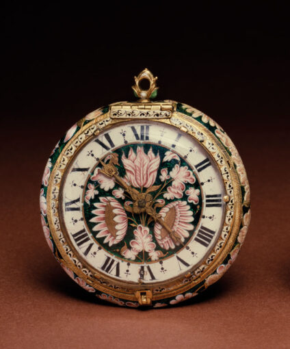 Barocke Taschenuhr mit emailliertem Zifferblatt, Frankreich, zwischen 1630 und 1650.