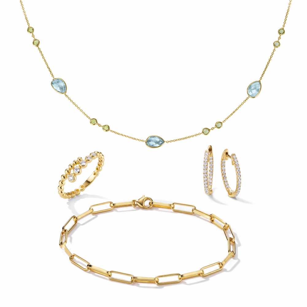 Collier mit Farbsteinen, Ring und Creolen mit Brillanten, Bracelet, alle in Gelbgold 750, von Leo Marty.
